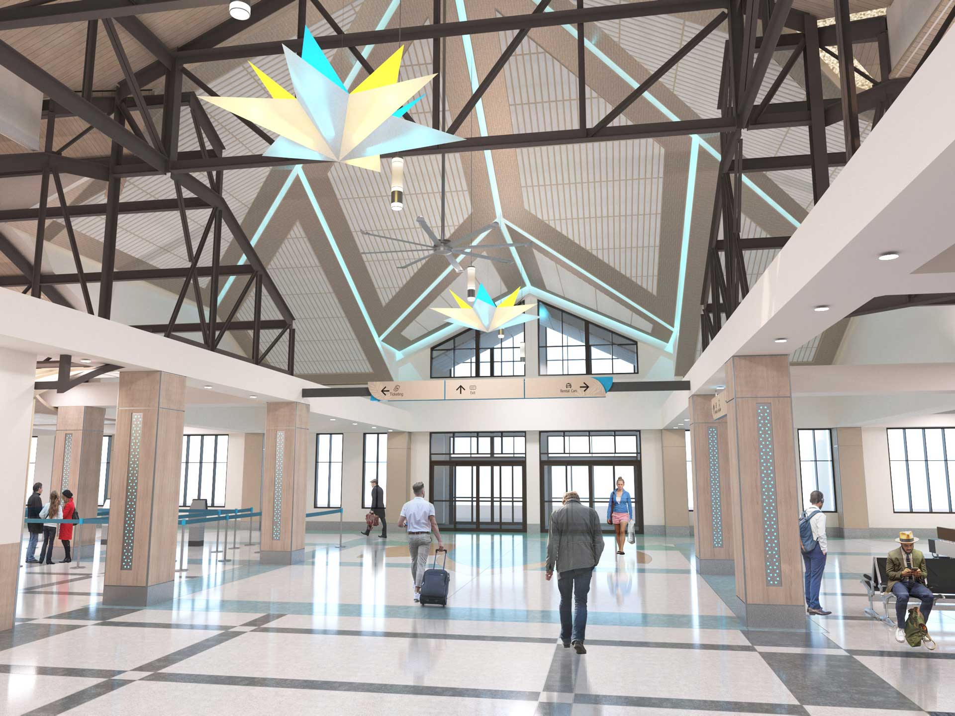 Rendering of Hilton Head Island Airport's main terminal lobby with vaulted ceilings, travelers, and decorative lighting.