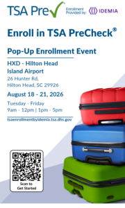 TSA PreCheck enrollment event flyer with dates, location, QR code, and stacked suitcases.